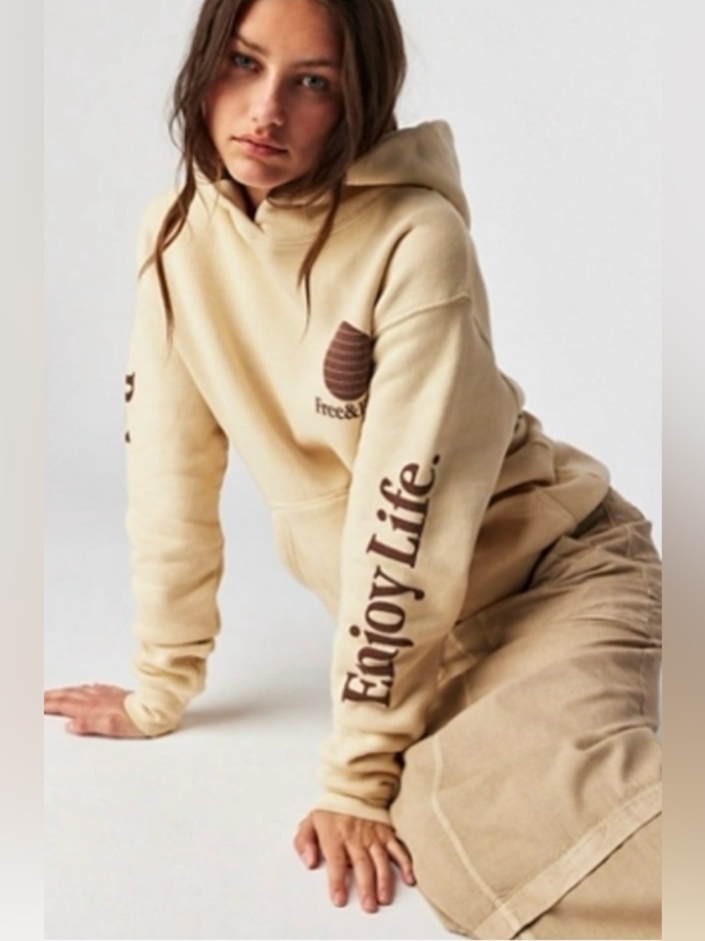 Free People x Free & Easy Three Palms Graphic Heavy Fleece Hoodie Natural Beige